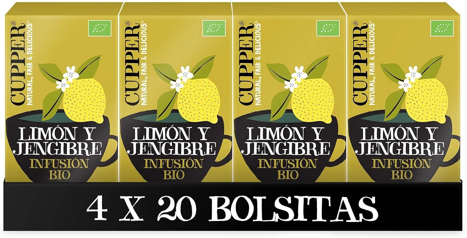 Cupper - Pack de 4 Cajas de 20 Bolsitas de Infusiones Ecológicas Supreme de Limón y Jengibre